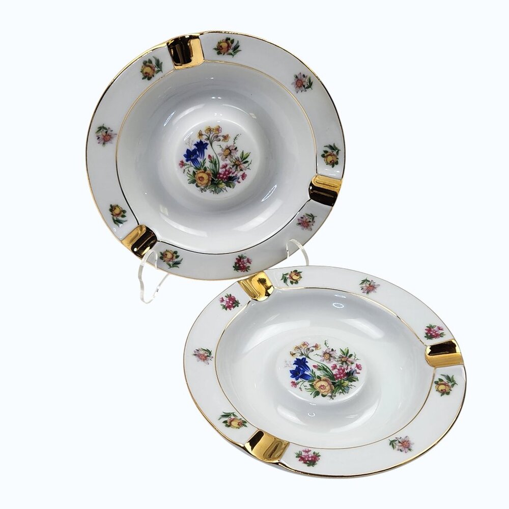 VTG Bavaria Trinket Dish Ashtray Pr Floral Gold Porcelain Germany Plankenhammer